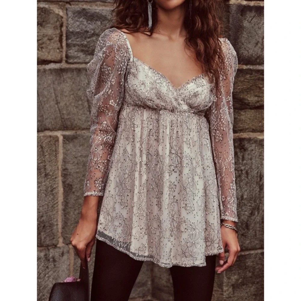 Free People Heavenly Lace Tunic Womens M Pink Black Floral Sheer Boho Whimsigoth